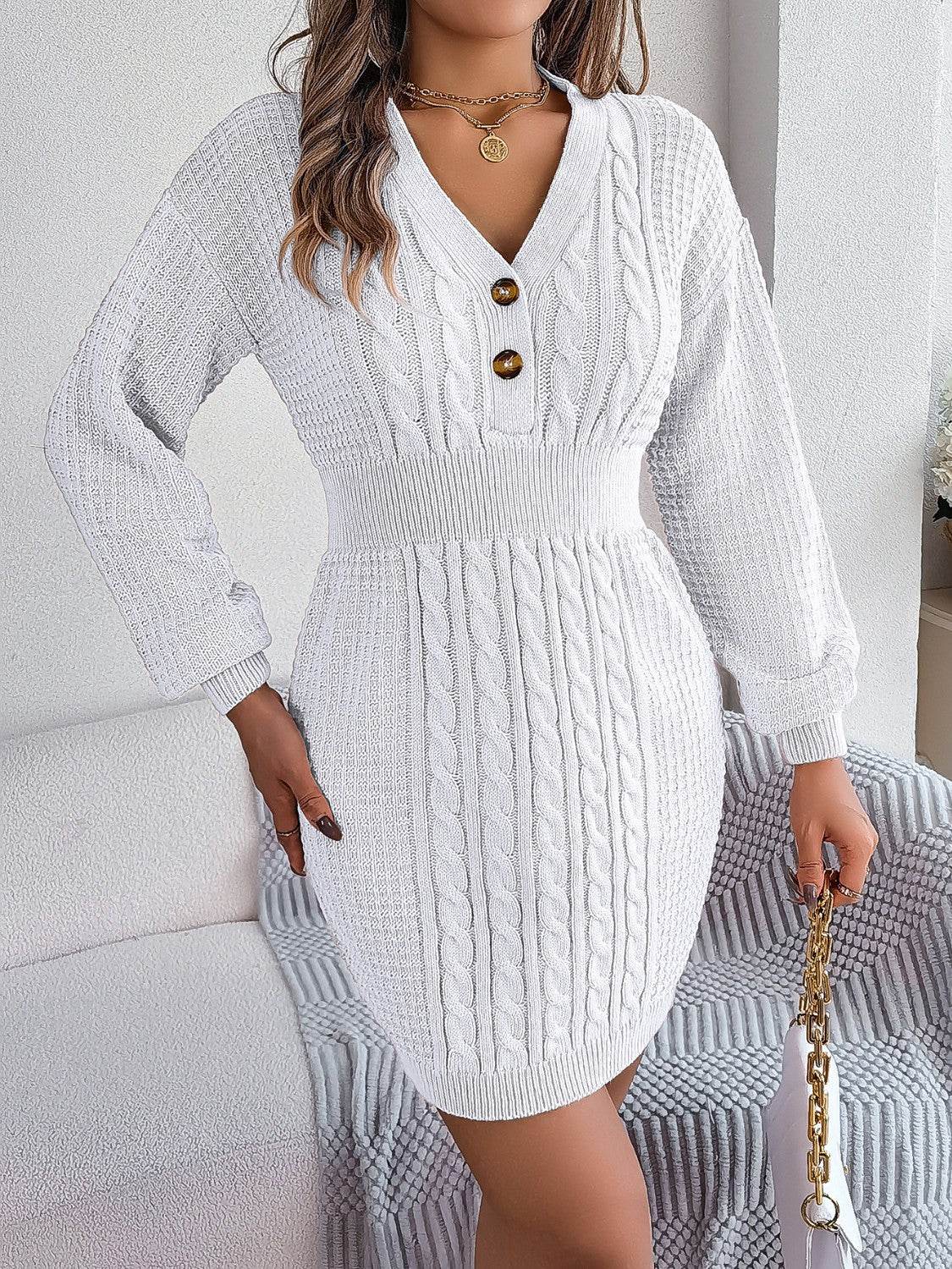 Buttoned Cable-Knit V-Neck Sweater Dress for a perfect OOTD – dress to impress outfits from Amexza