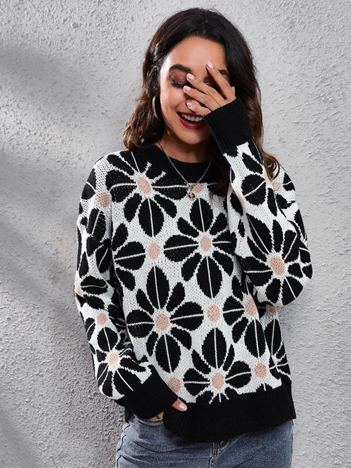 Floral Round Neck Long Sleeve Sweater Black for a perfect OOTD – dress to impress outfits from Amexza