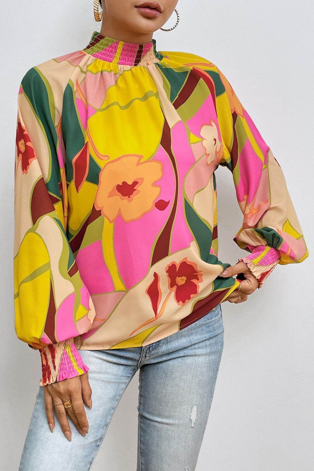 Floral Smocked Lantern Sleeve Mock Neck Blouse Multicolor for a perfect OOTD – dress to impress outfits from Amexza