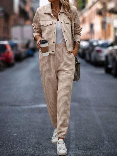 Plaid Texture Snap Down Top and Pants Set for a perfect OOTD – dress to impress outfits from Amexza