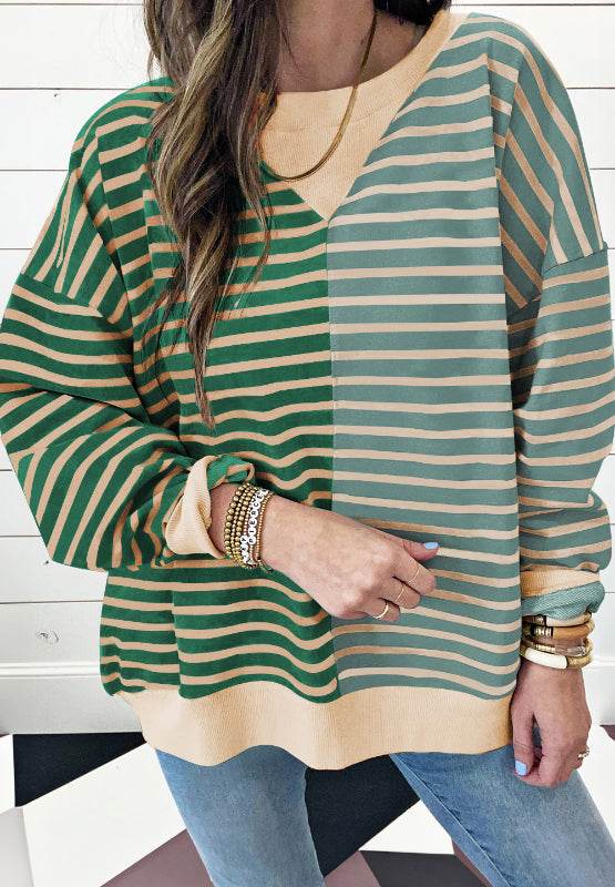 Contrast Striped Round Neck Long Sleeve Sweatshirt - Amexza