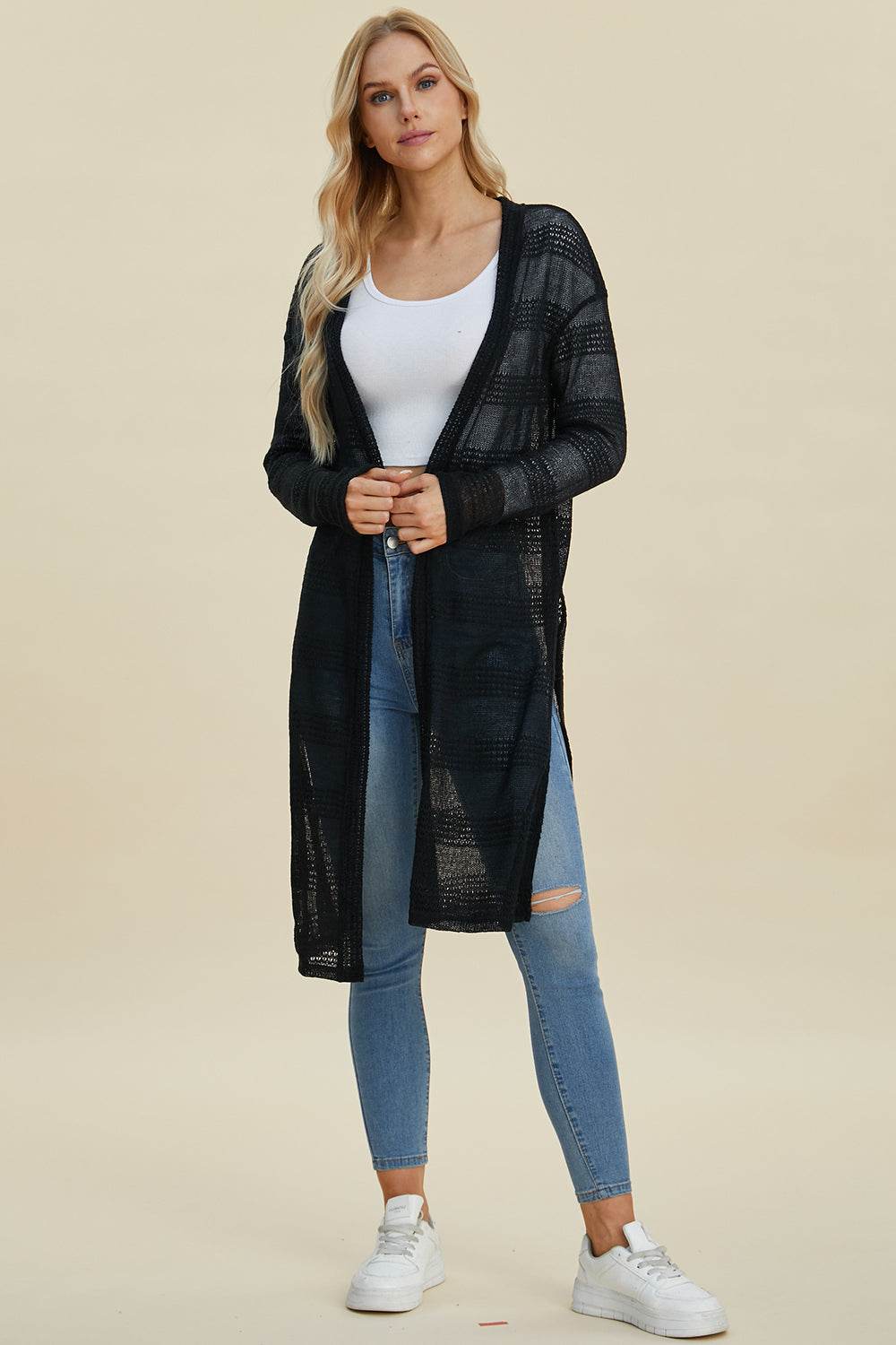 Double Take Full Size Open Front Longline Cardigan for a perfect OOTD – dress to impress outfits from Amexza