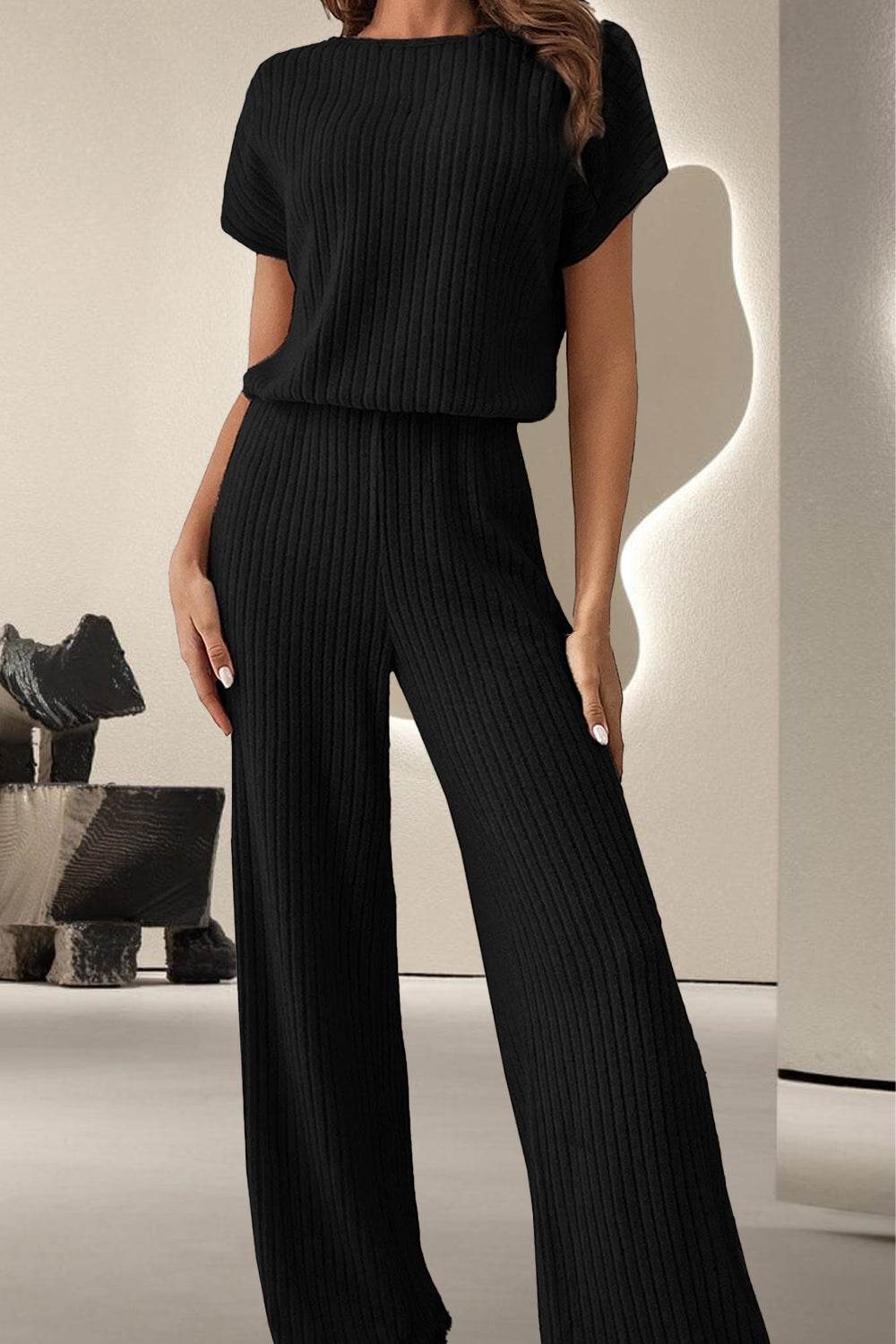 Round Neck Short Sleeve Jumpsuit Black for a perfect OOTD – dress to impress outfits from Amexza