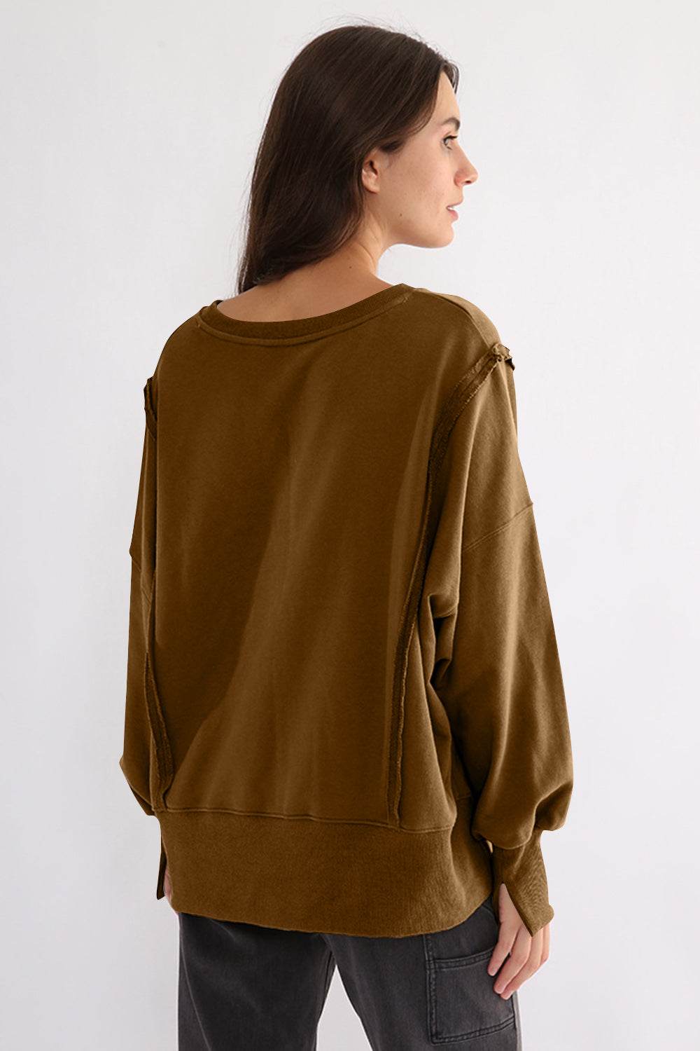 Exposed Seam High-Low Long Sleeve Sweatshirt for a perfect OOTD – dress to impress outfits from Amexza