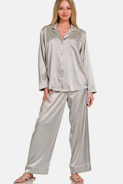 Zenana Satin Long Sleeve Shirt and Pants Pajama Set Silver for a perfect OOTD – dress to impress outfits from Amexza