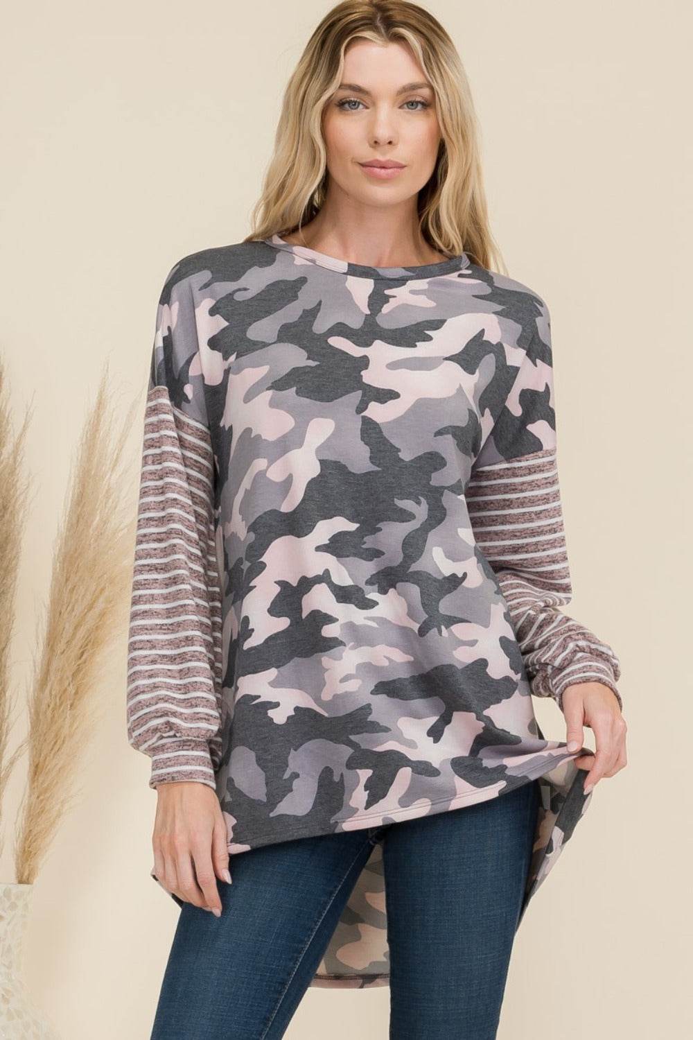 Celeste Full Size Camo Print High-Low T-Shirt with Stripe Sleeves Pink Camo for a perfect OOTD – dress to impress outfits from Amexza