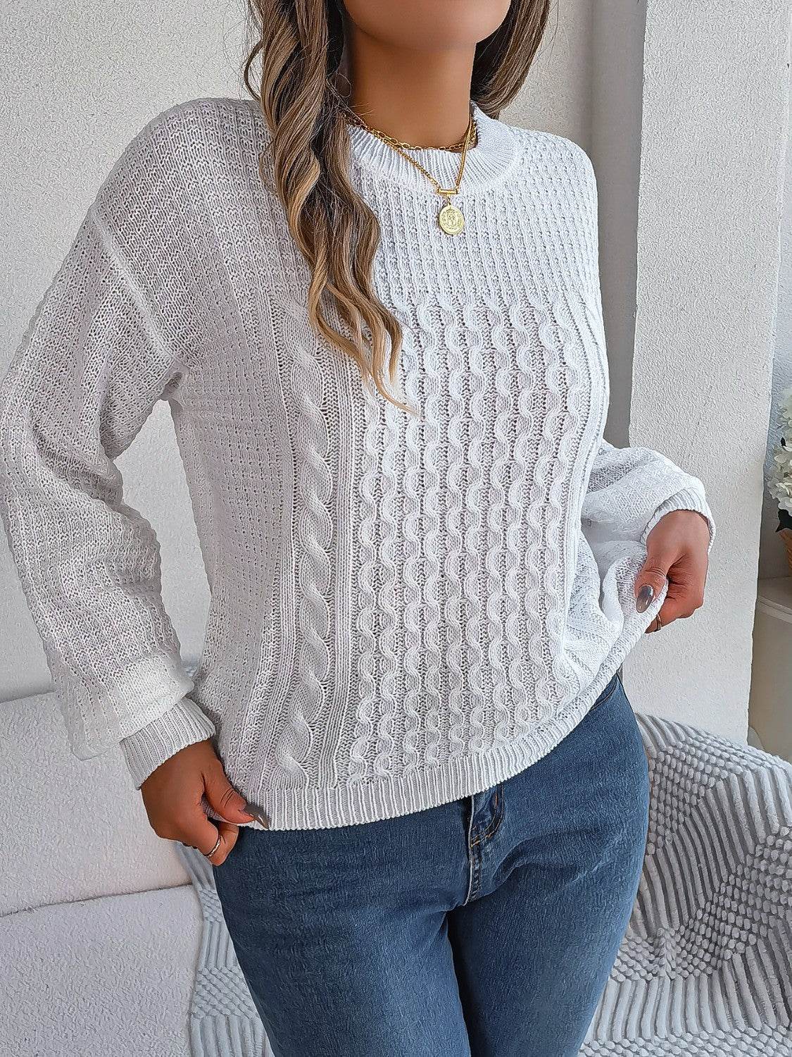 Cable-Knit Round Neck Long Sleeve Sweater for a perfect OOTD – dress to impress outfits from Amexza