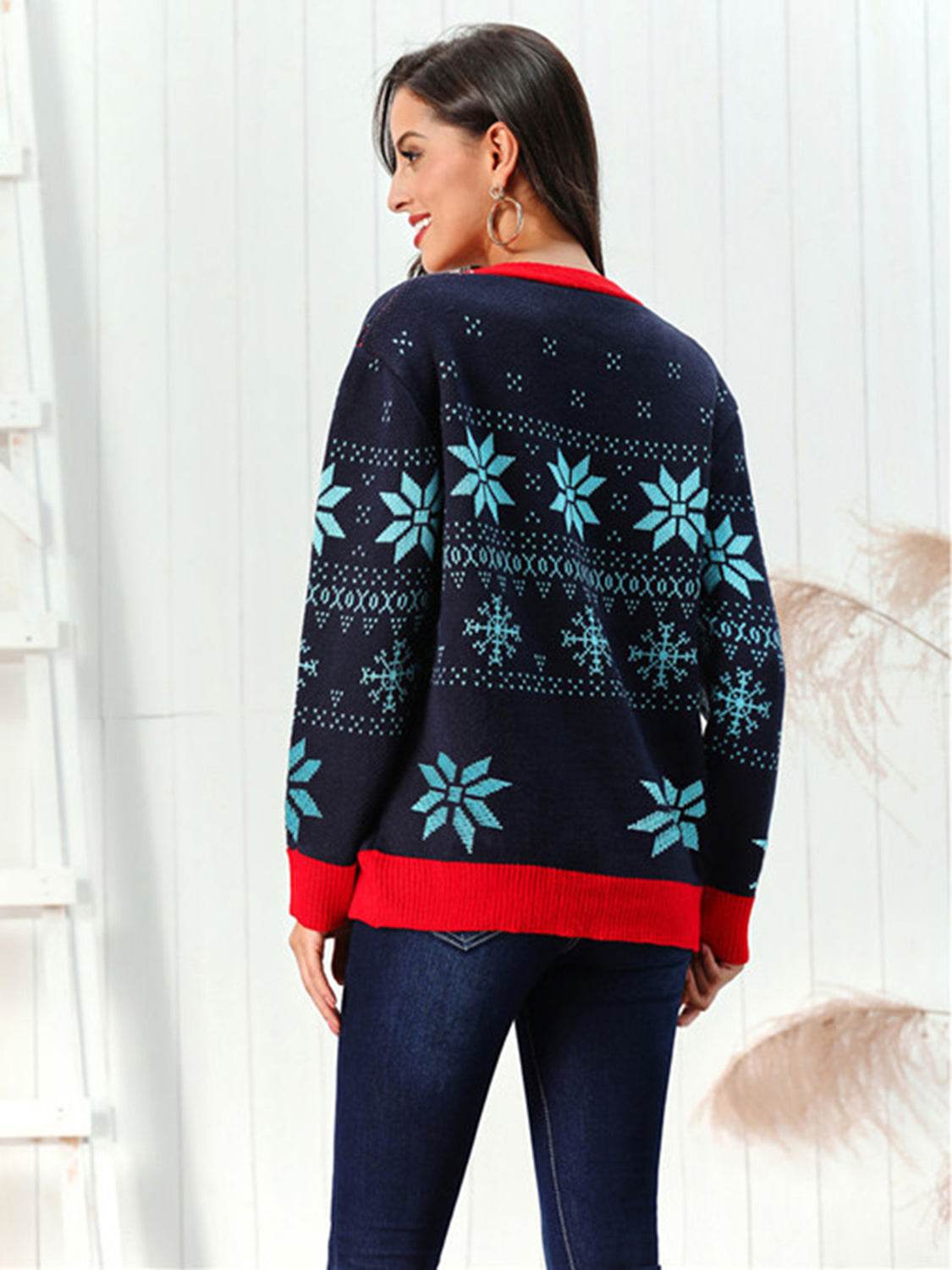 Snowflake Pattern Button Down Cardigan - Amexza