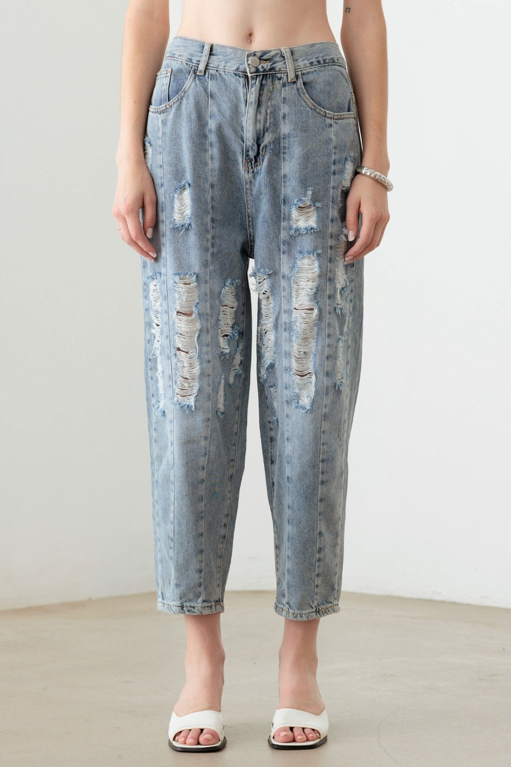 Litz La Washed Barrel Leg High Waist Distressed Jeans - Light Denim Wash / S