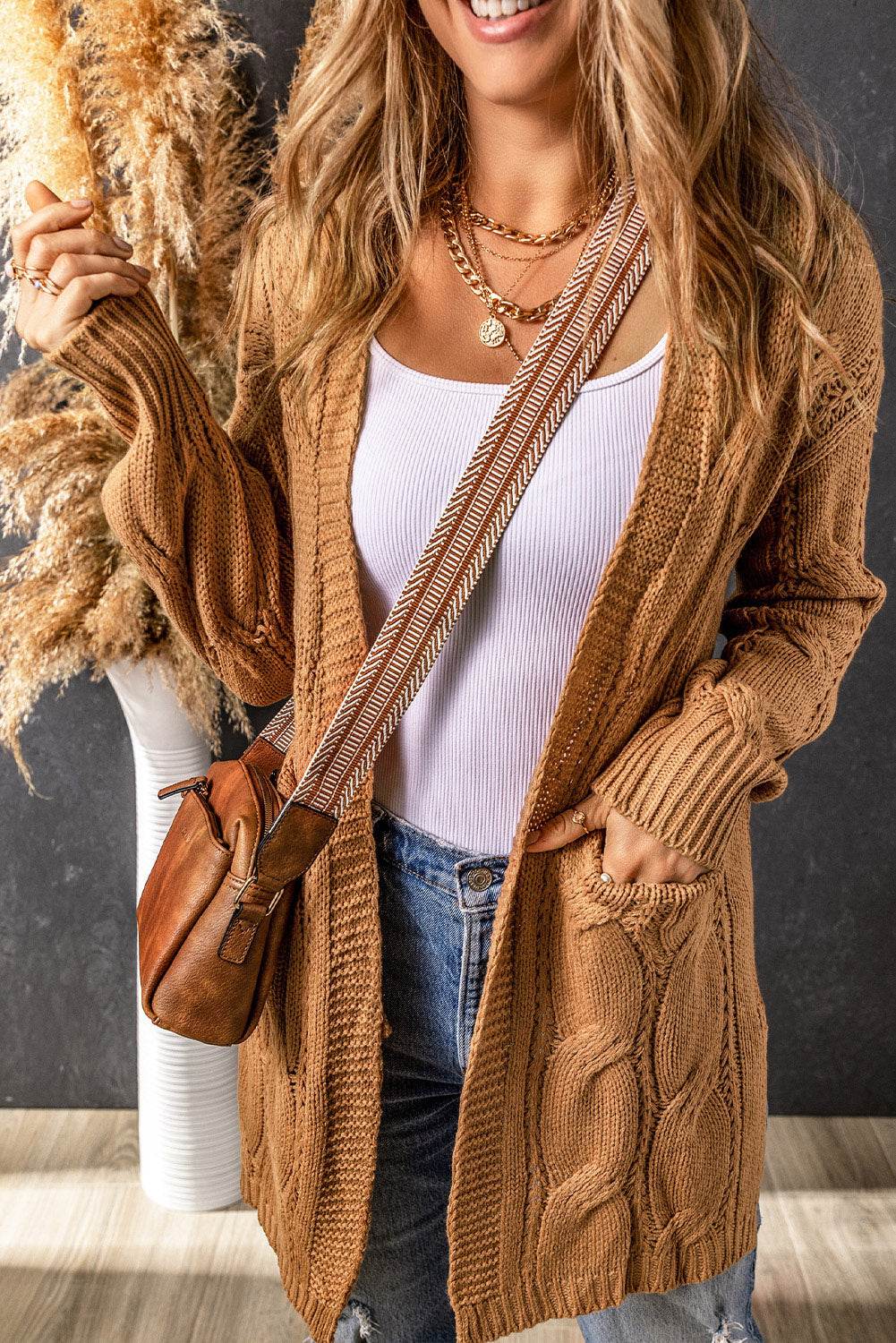 Cable-Knit Dropped Shoulder Slit Cardigan for a perfect OOTD – dress to impress outfits from Amexza