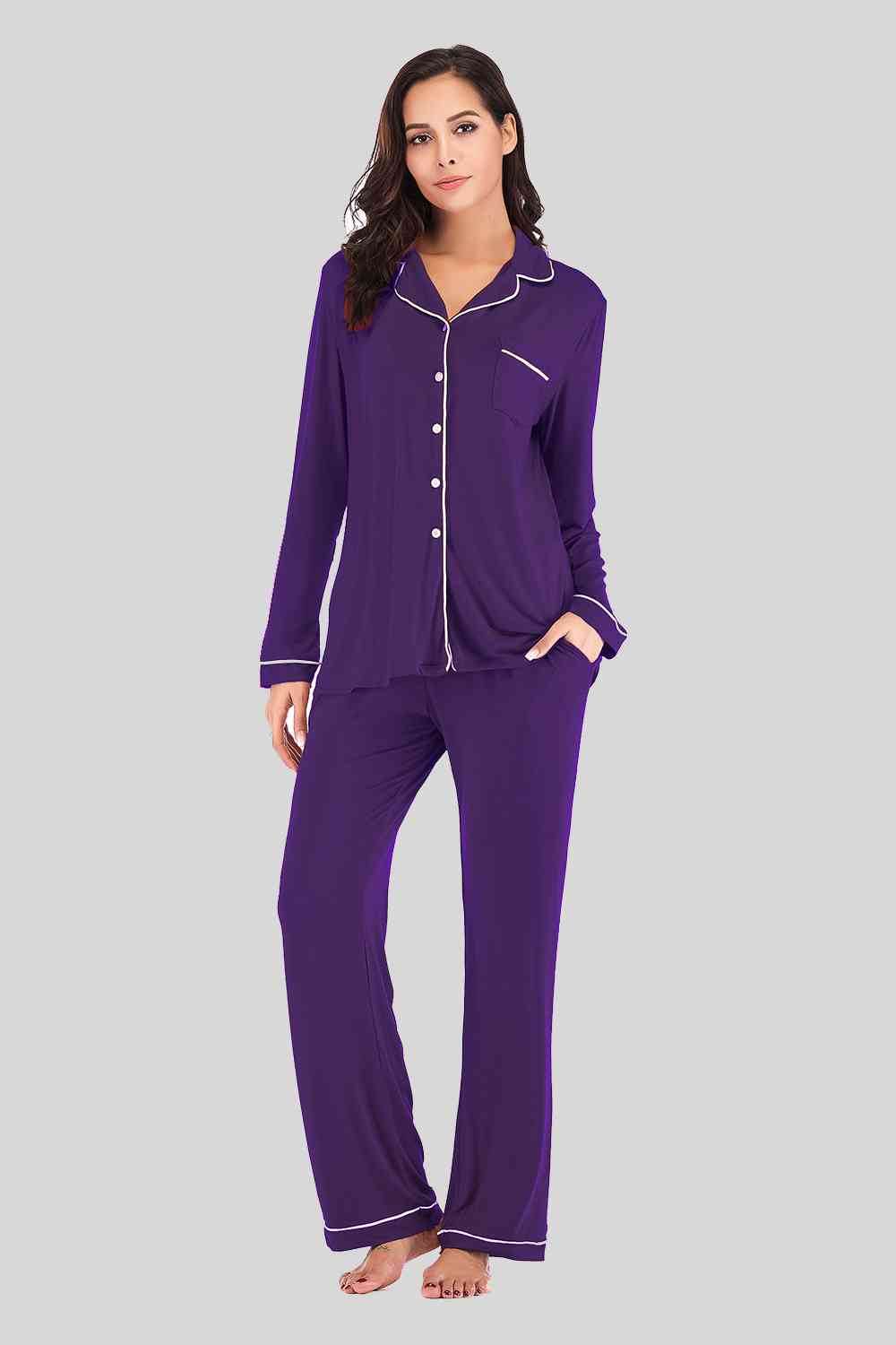 Collared Neck Long Sleeve Loungewear Set with Pockets Violet for a perfect OOTD – dress to impress outfits from Amexza