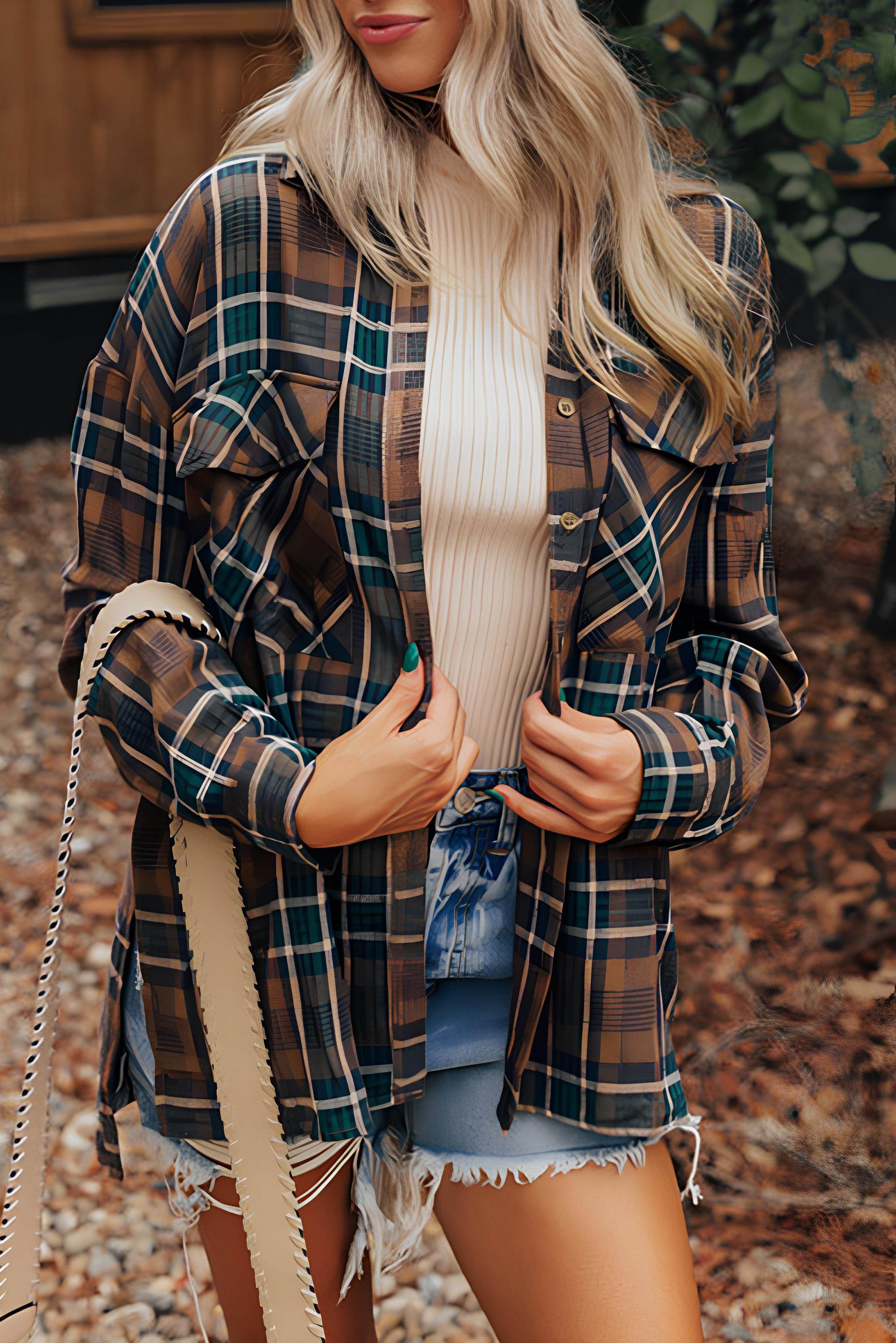 Plaid Collared Neck Button Up Jacket Coffee Brown for a perfect OOTD – dress to impress outfits from Amexza