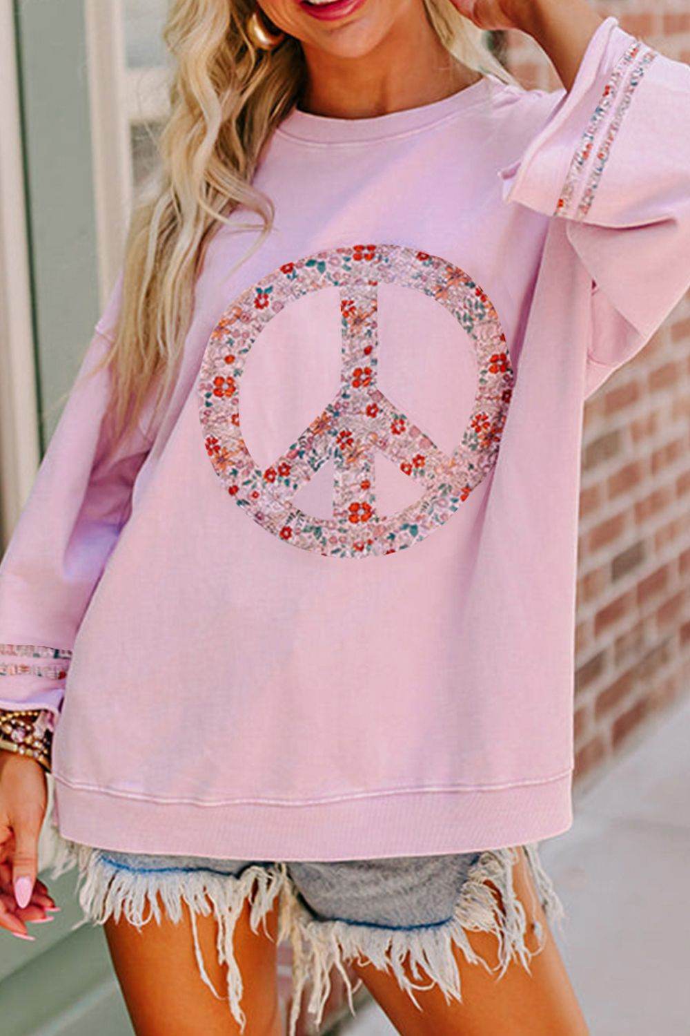 Peace Patch Round Neck Long Sleeve Top Dusty Pink for a perfect OOTD – dress to impress outfits from Amexza