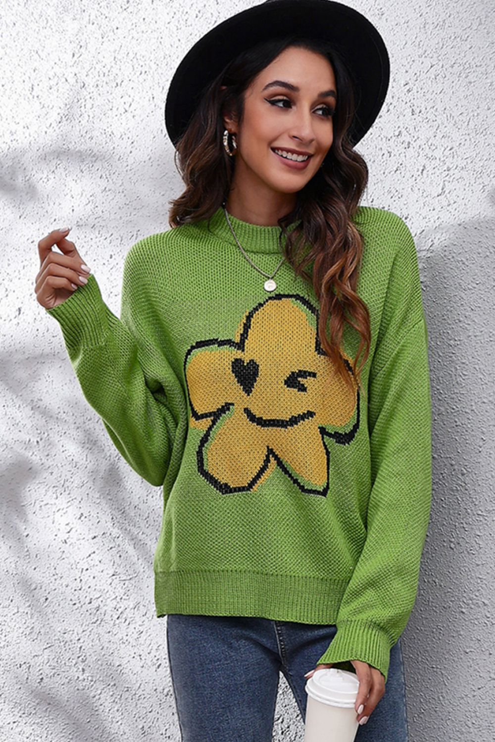 Flower Graphic Drop Shoulder Sweater Yellow-Green for a perfect OOTD – dress to impress outfits from Amexza