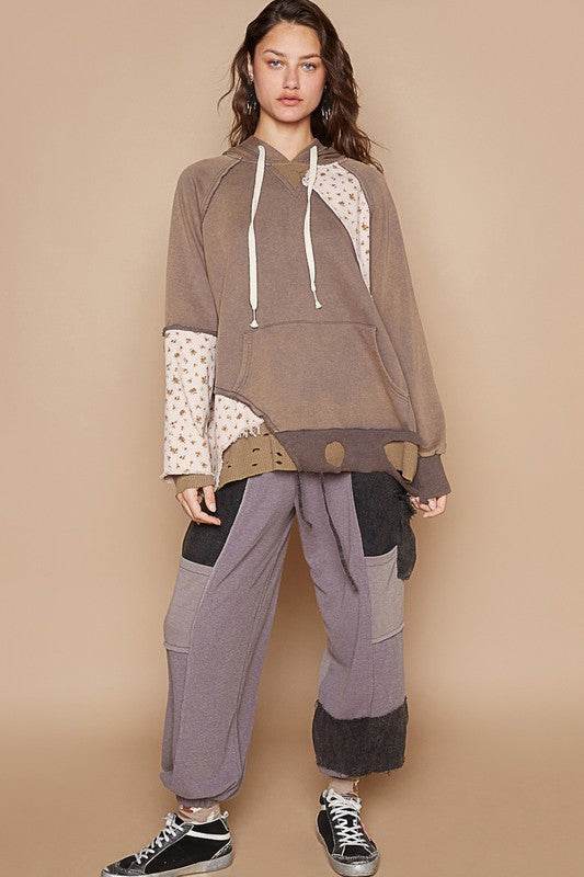 POL Floral Patchwork Distressed Drawstring Hoodie for a perfect OOTD – dress to impress outfits from Amexza