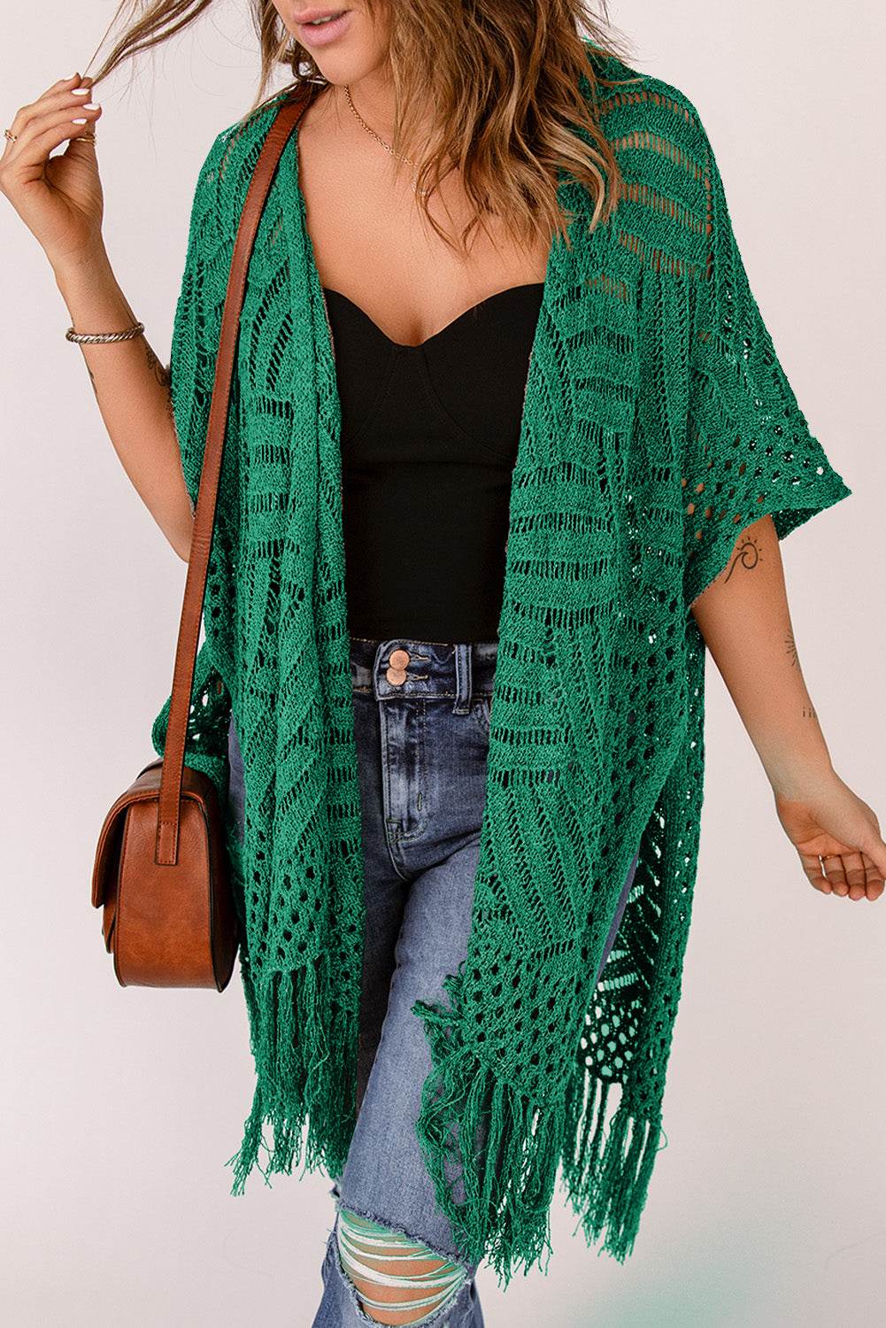 Openwork Open Front Cardigan with Fringes for a perfect OOTD – dress to impress outfits from Amexza