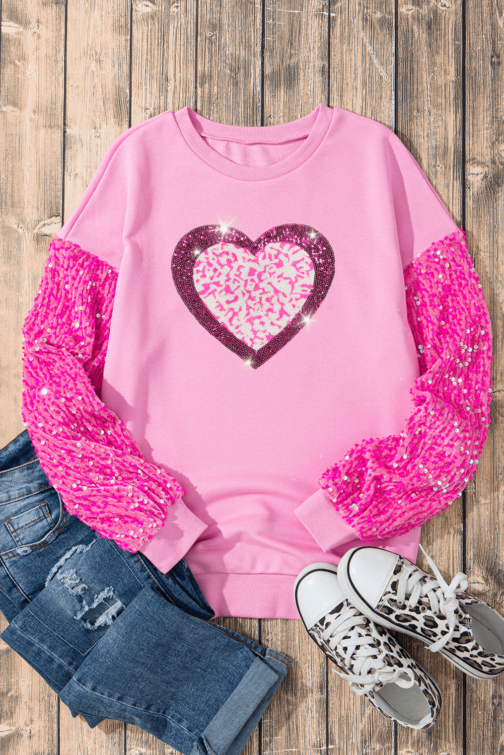 Valentine’s Day Sequin Heart Long Sleeve Sweatshirt - Amexza