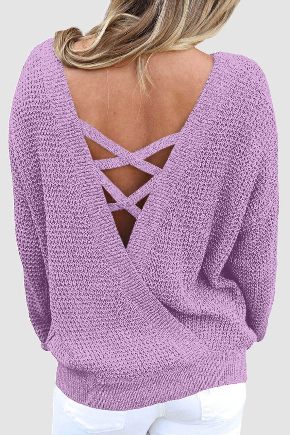 Crisscross Back Boat Neck Sweater Pink Purple for a perfect OOTD – dress to impress outfits from Amexza