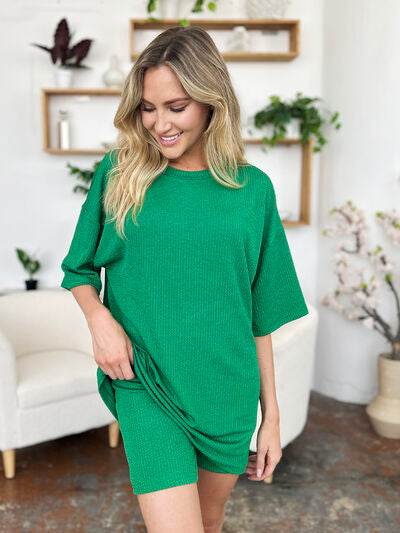 Double Take Full Size Texture Round Neck Drop Shoulder T-Shirt and Shorts Set for a perfect OOTD – dress to impress outfits from Amexza