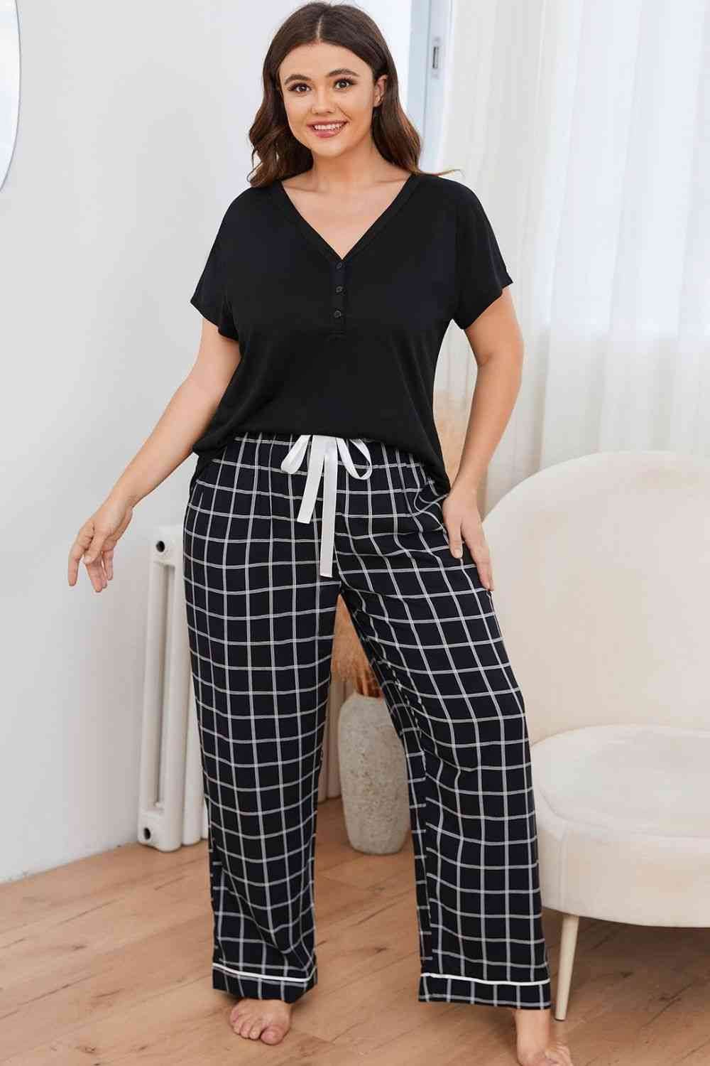 Plus Size V-Neck Top and Plaid Pants Lounge Set for a perfect OOTD – dress to impress outfits from Amexza