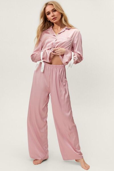 Basic Bae Tied Cuff Collared Neck Top and Pants Lounge Set for a perfect OOTD – dress to impress outfits from Amexza