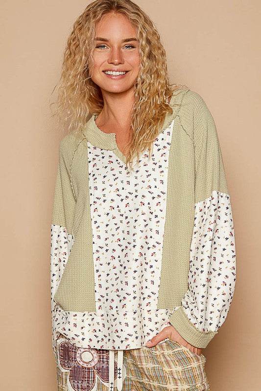 POL Waffle Knit Floral Notched Long Sleeve Top - Amexza