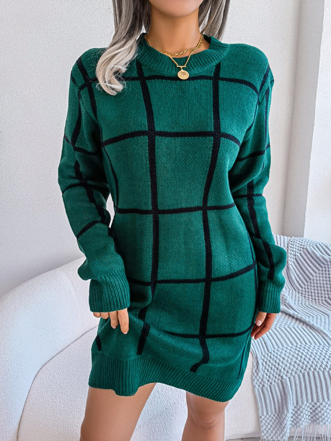 Plaid Round Neck Dropped Shoulder Sweater Dress Dark Green for a perfect OOTD – dress to impress outfits from Amexza