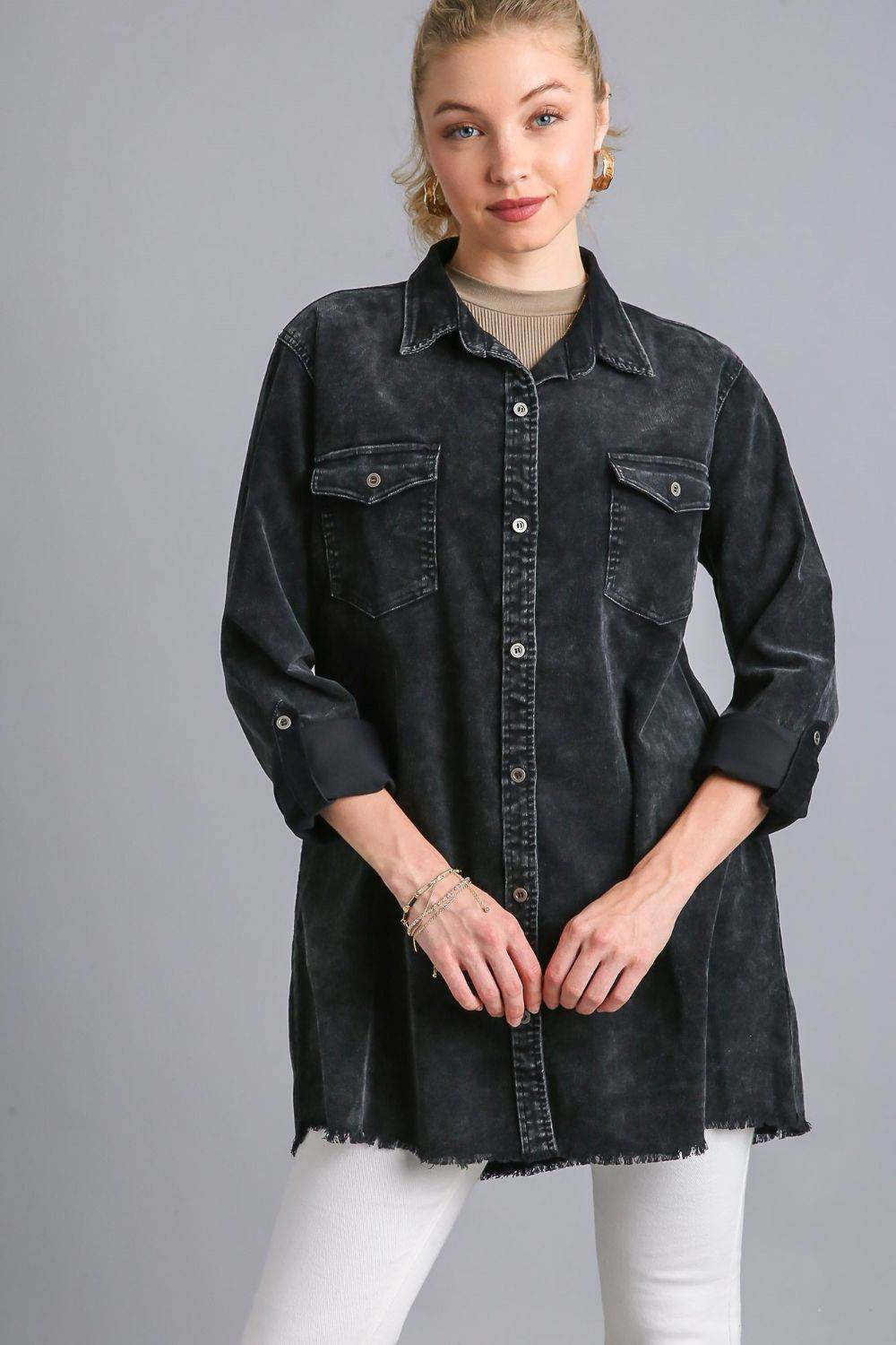 Umgee Raw Hem Button Down Denim Jacket with Chest Pockets Black for a perfect OOTD – dress to impress outfits from Amexza