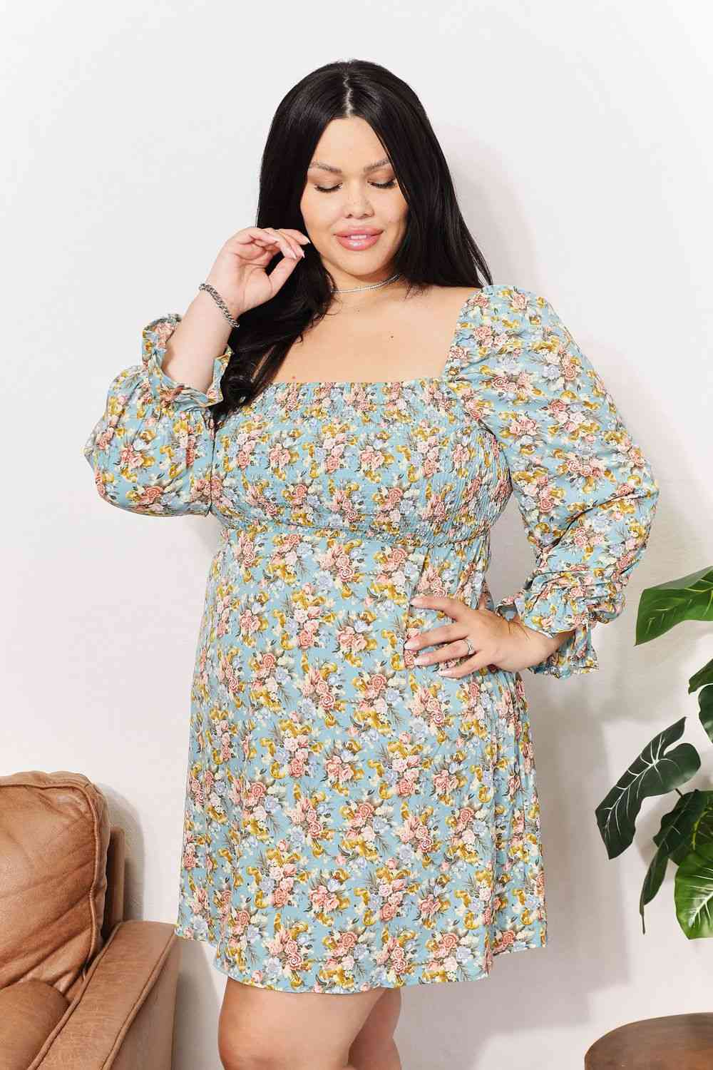 Honey Floral Smocked Flounce Sleeve Square Neck Dress for a perfect OOTD – dress to impress outfits from Amexza