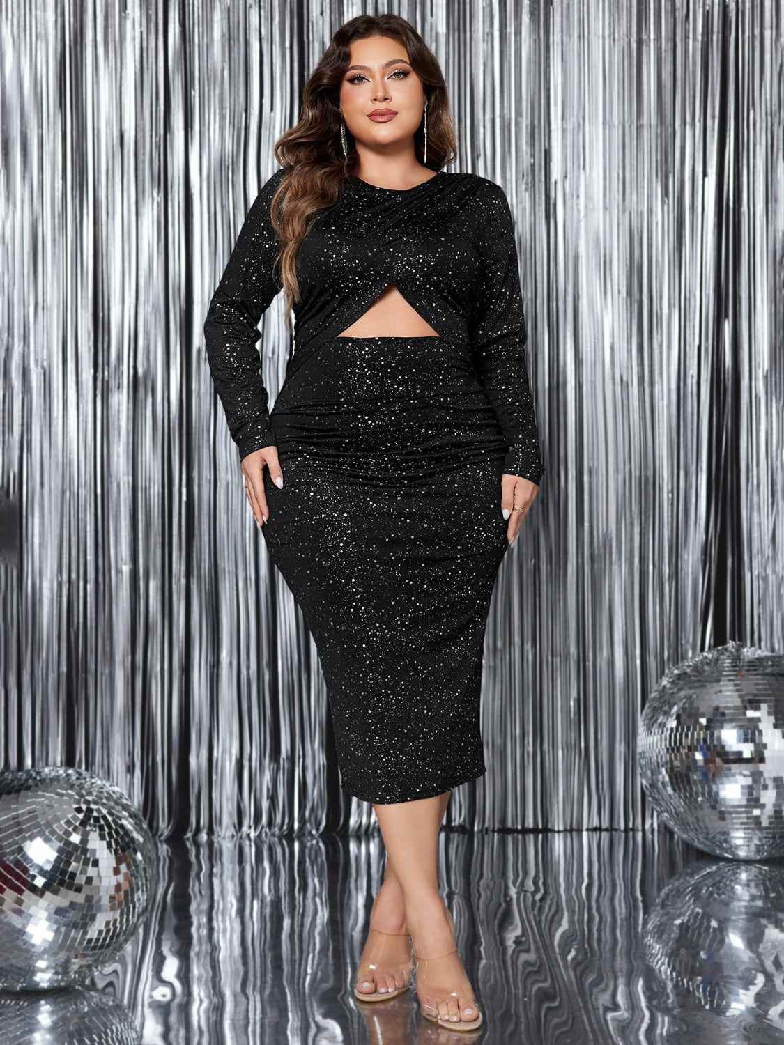 Honey Plus Size Cutout Slit Round Neck Long Sleeve Dress - Amexza