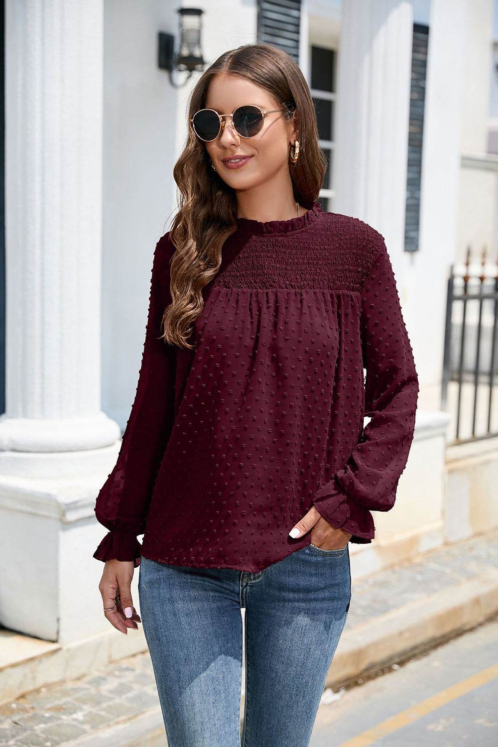 Smocked Mock Neck Swiss Dot Top Wine for a perfect OOTD – dress to impress outfits from Amexza