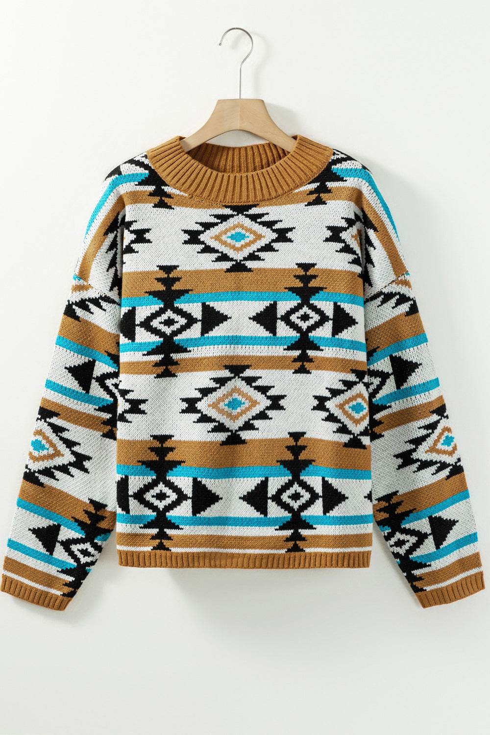 Geometric Round Neck Long Sleeve Sweater - Amexza