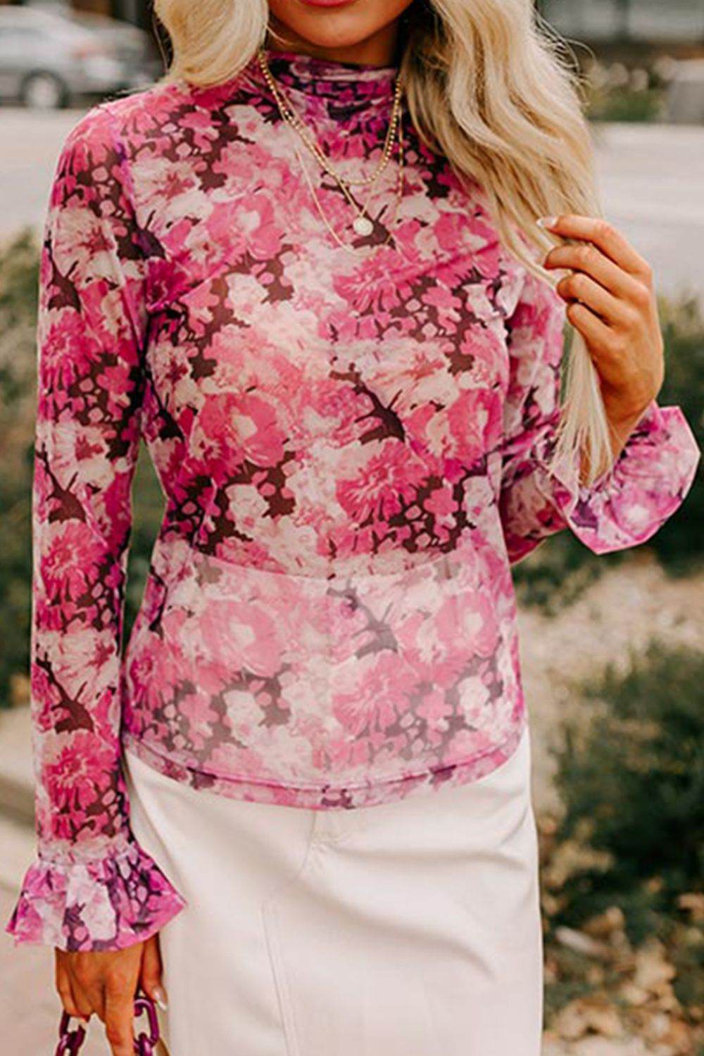 Floral Turtleneck Flounce Sleeve Blouse Pink for a perfect OOTD – dress to impress outfits from Amexza