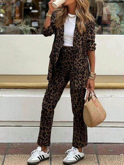 Full Size Leopard Lapel Collar Long Sleeve Blazer and Pants Set - Amexza