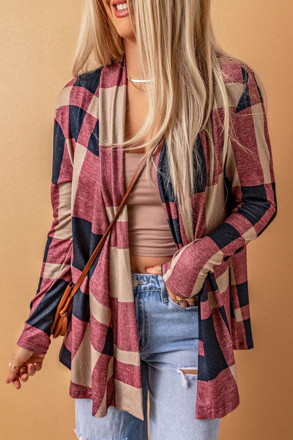 Plaid Open Front Cardigan - Amexza