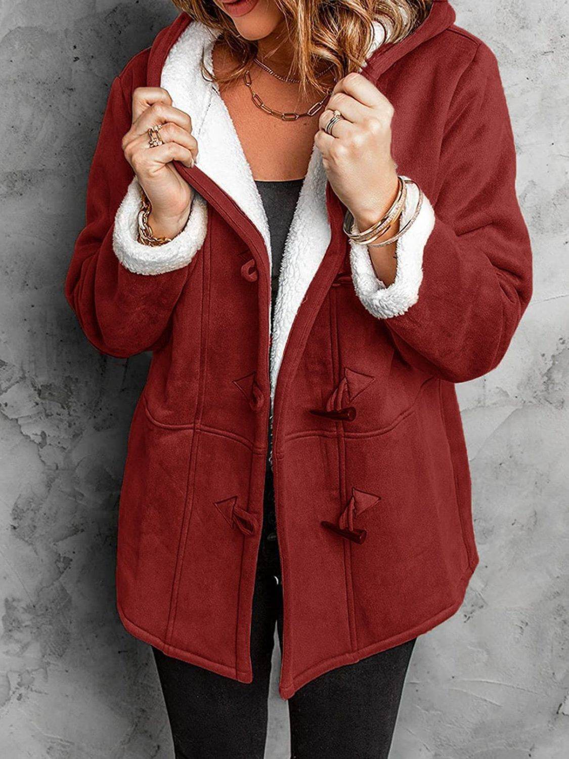 Full Size Pocketed Long Sleeve Hooded Toggle Jacket Deep Red for a perfect OOTD – dress to impress outfits from Amexza