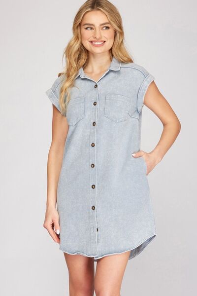 She + Sky Full Size Folded Cuff Button Down Washed Twill Shirt Dress Plus Size Blue Grey for a perfect OOTD – dress to impress outfits from Amexza