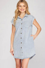 She + Sky Full Size Folded Cuff Button Down Washed Twill Shirt Dress Plus Size Blue Grey for a perfect OOTD – dress to impress outfits from Amexza