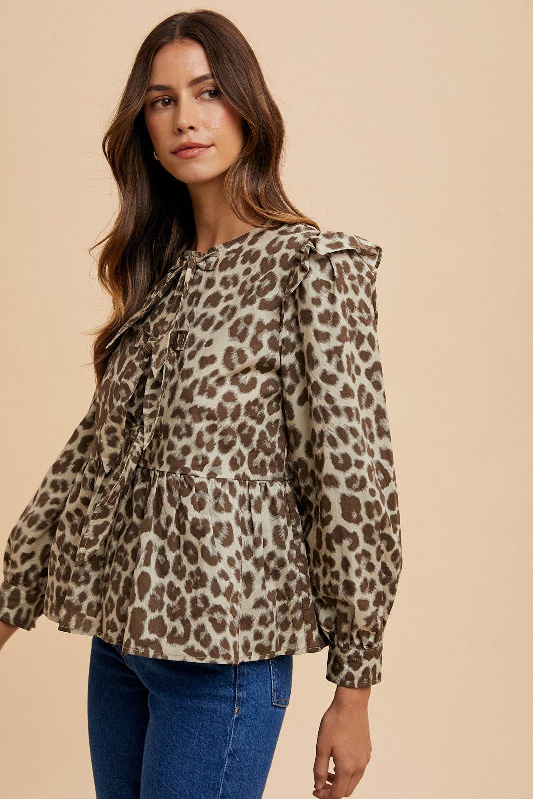 Annie Wear Tied Leopard Round Neck Peplum Blouse for a perfect OOTD – dress to impress outfits from Amexza