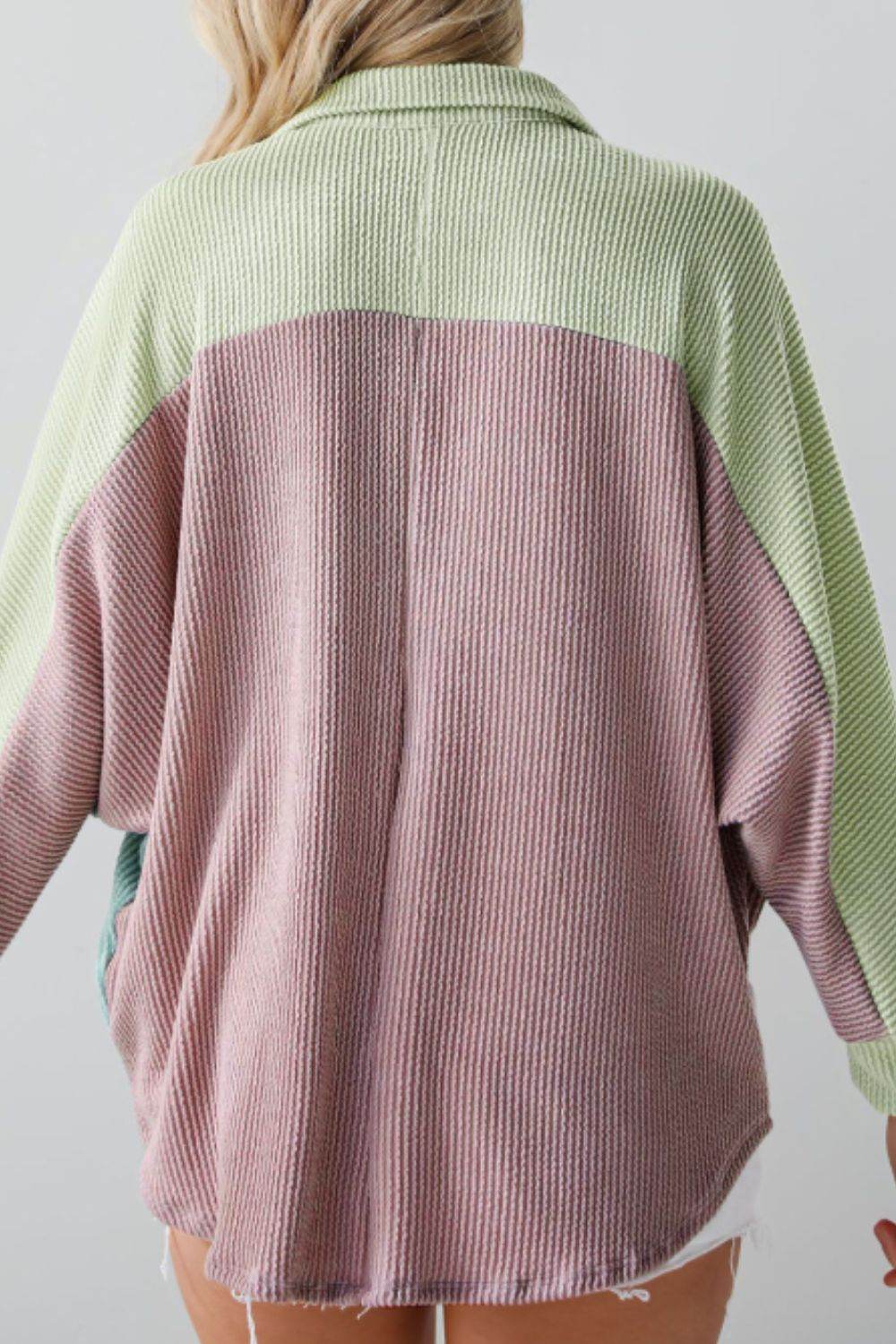 Color Block Corded Button Up Shacket - Amexza