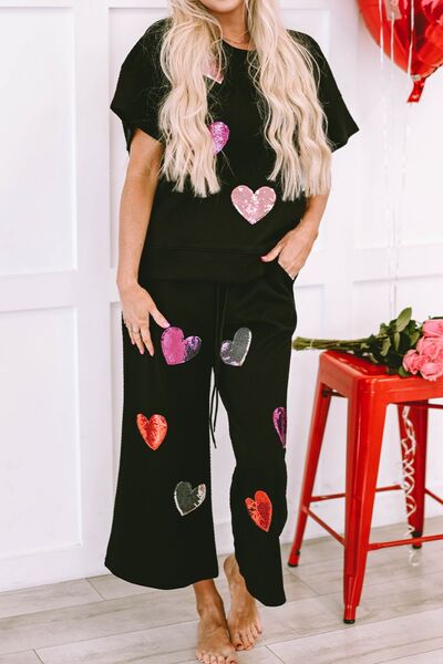 Heart Sequin Short Sleeve Top and Drawstring Pants Lounge Set Black for a perfect OOTD – dress to impress outfits from Amexza