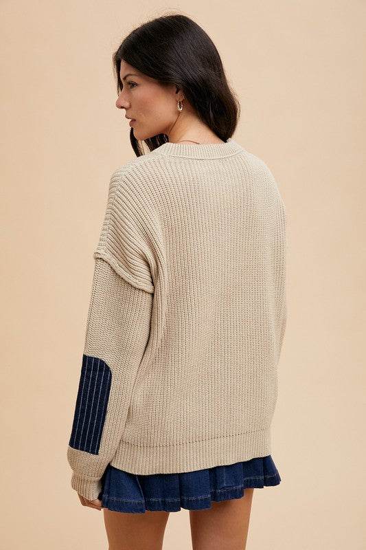 Annie Wear Contrast Round Neck Drop Shoulder Sweater with Patch Pocket for a perfect OOTD – dress to impress outfits from Amexza