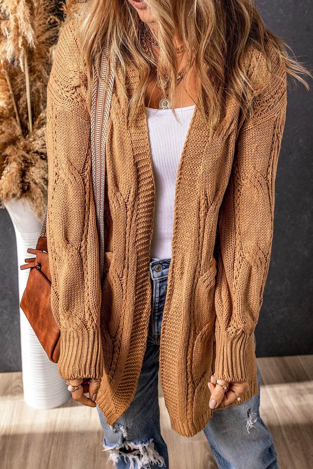 Cable-Knit Dropped Shoulder Slit Cardigan Khaki for a perfect OOTD – dress to impress outfits from Amexza