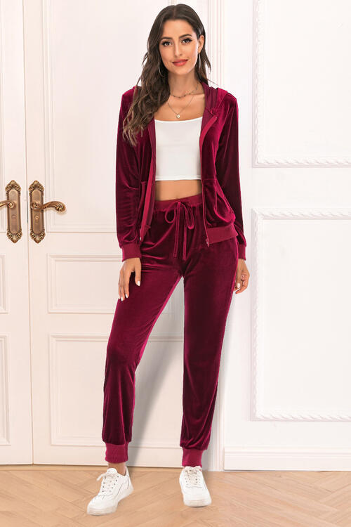 Zip-Up Hooded Jacket and Pants Set Wine for a perfect OOTD – dress to impress outfits from Amexza