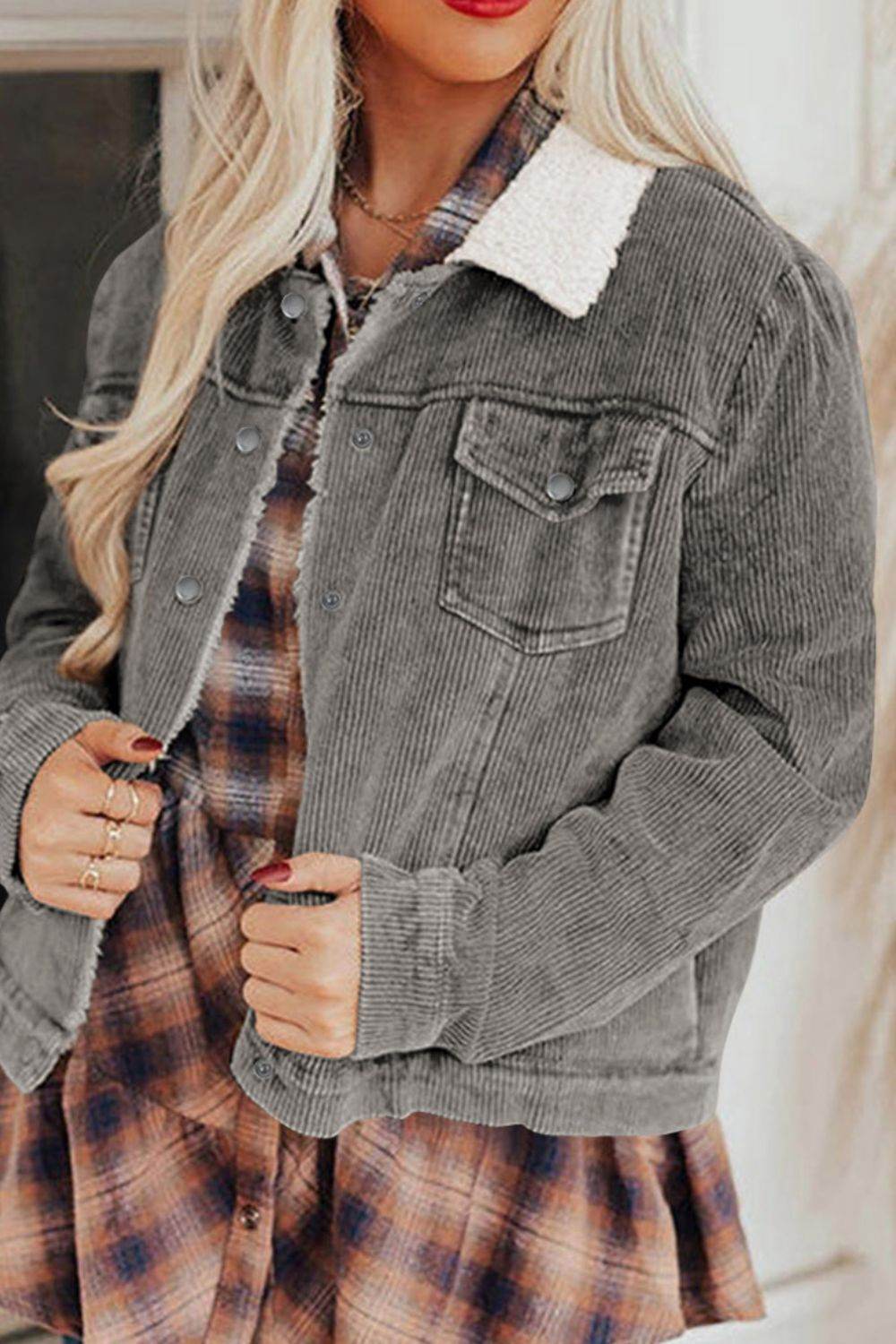 Corduroy Collared Neck Snap Down Jacket for a perfect OOTD – dress to impress outfits from Amexza