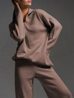 Johnny Collar Long Sleeve Top and Pants Sweater Set Taupe One Size for a perfect OOTD – dress to impress outfits from Amexza