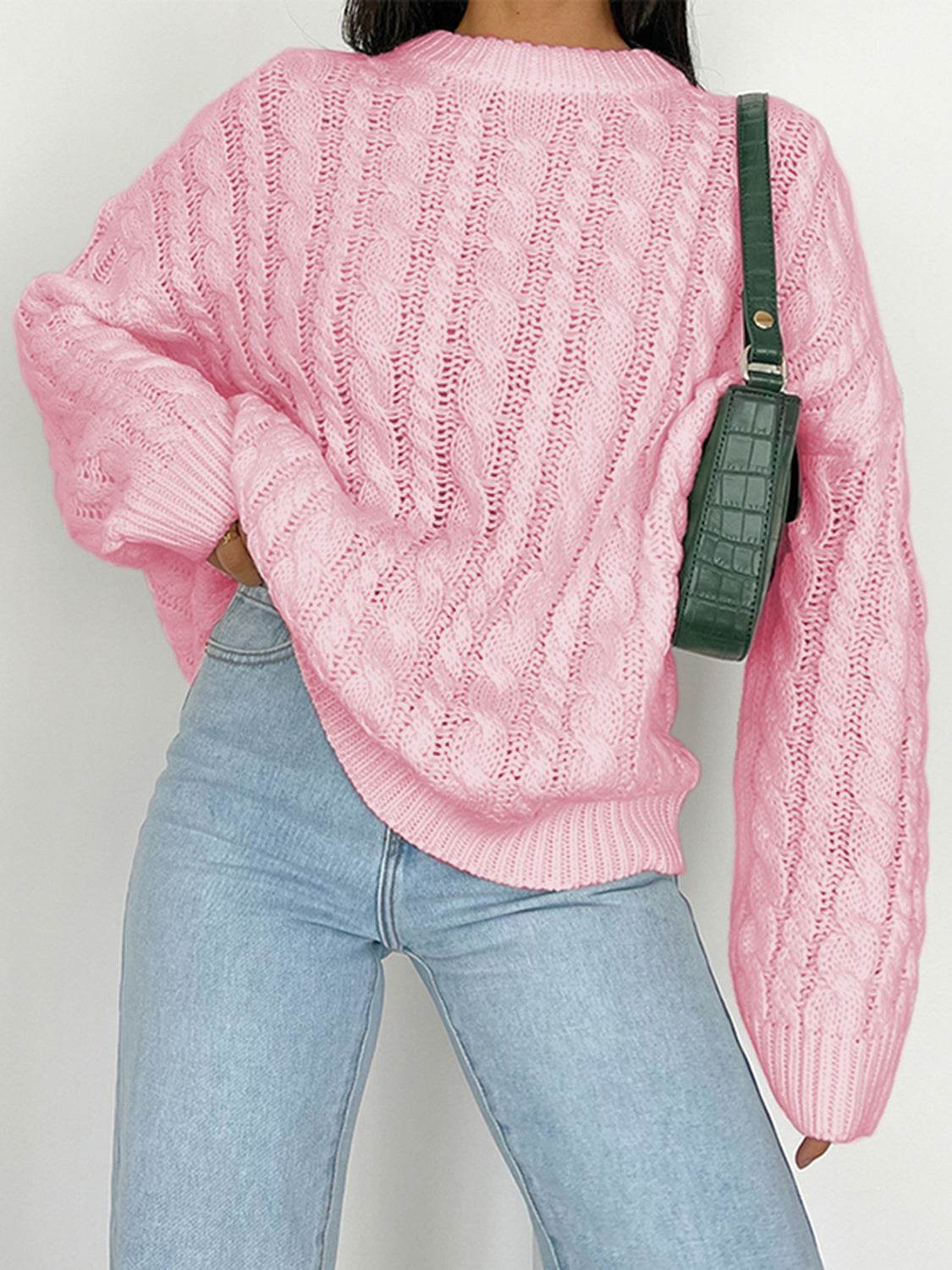 Openwork Round Sleeve Cable-Knit Sweater Carnation Pink for a perfect OOTD – dress to impress outfits from Amexza