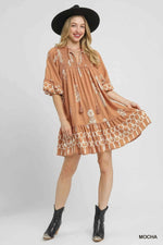 Umgee Boarder Print Tassel Tie Neck Mini Dress