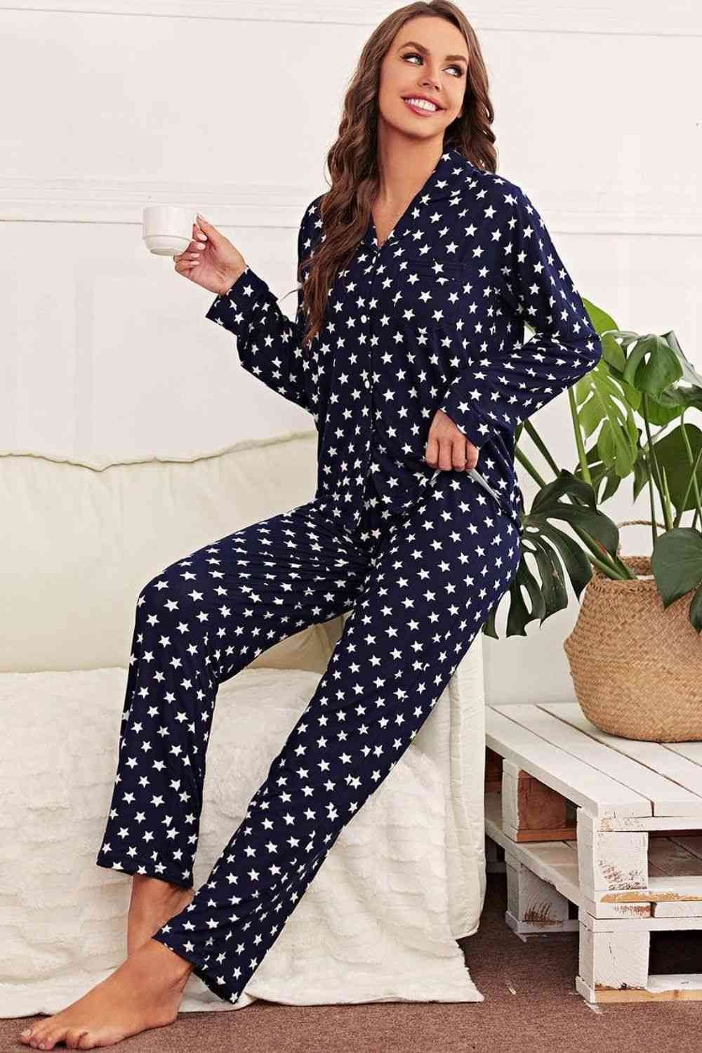 Star Print Button-Up Shirt and Pants Lounge Set for a perfect OOTD – dress to impress outfits from Amexza