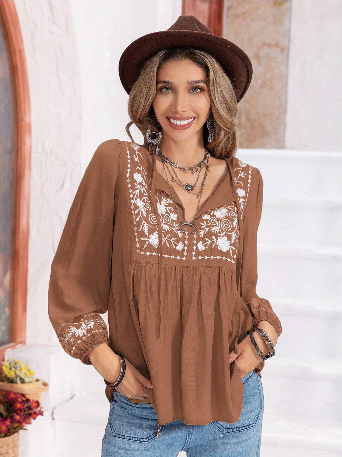 Floral Tie Neck Balloon Sleeve Blouse Camel for a perfect OOTD – dress to impress outfits from Amexza